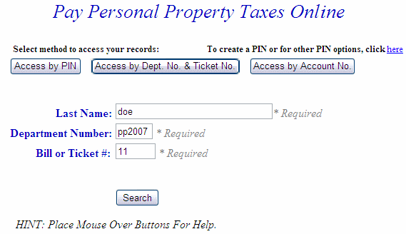Search by department and ticket number example screen